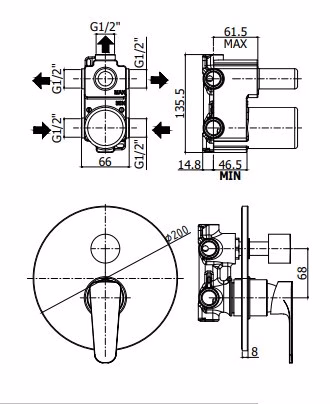 SLY - MISCELATORE INCASSO DOCCIA 3 USCITE + 3 - PAFFONI