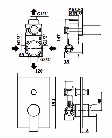 TANGO - MISCELATORE INCASSO DOCCIA 2 USCITE - PAFFONI