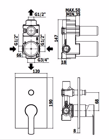 RED - MISCELATORE INCASSO DOCCIA 2 USCITE - PAFFONI