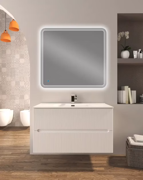 Mobile bagno Plissé design cannettato bianco opaco con lavabo integrato